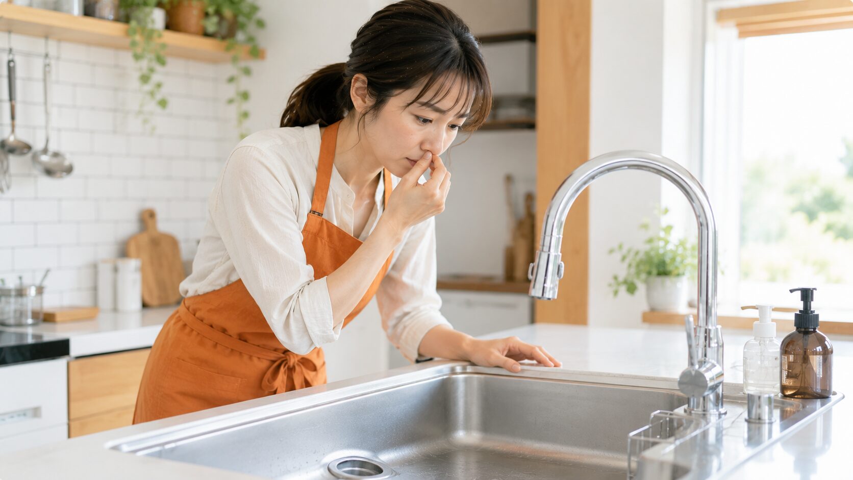 キッチン排水口の臭いを気にする女性|嗅覚で気づく不快なシグナル