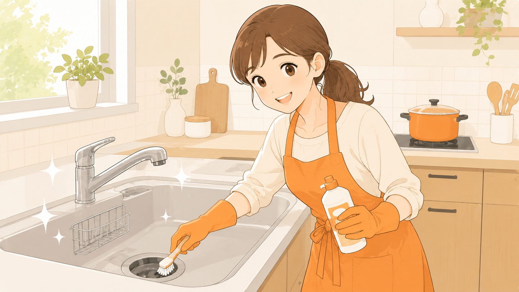 排水口を掃除する女性のイラスト|毎日のミニ習慣で臭いを予防