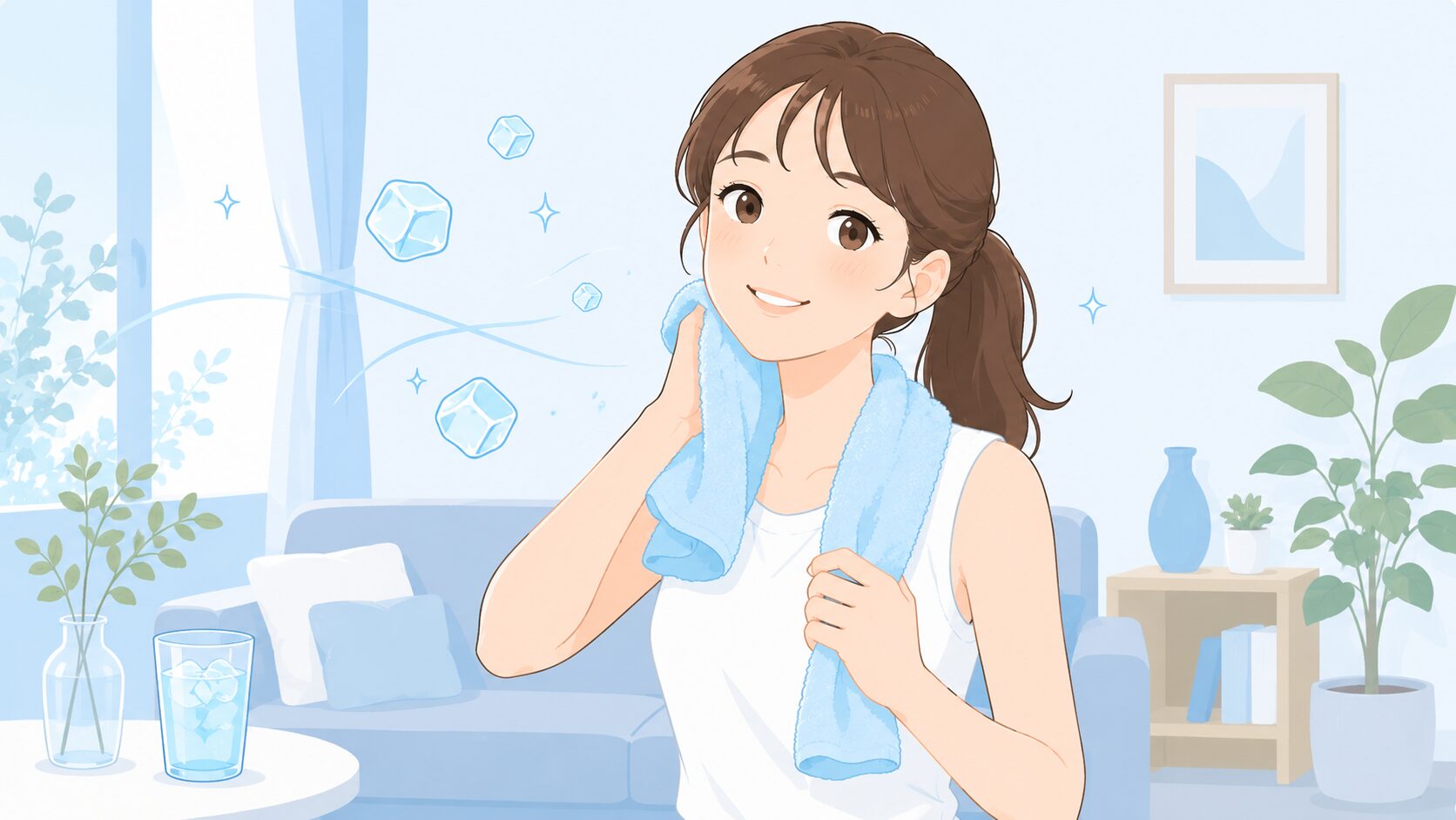 冷感タオルでケアする女性のイラスト|毎日のミニ習慣で汗を快適に