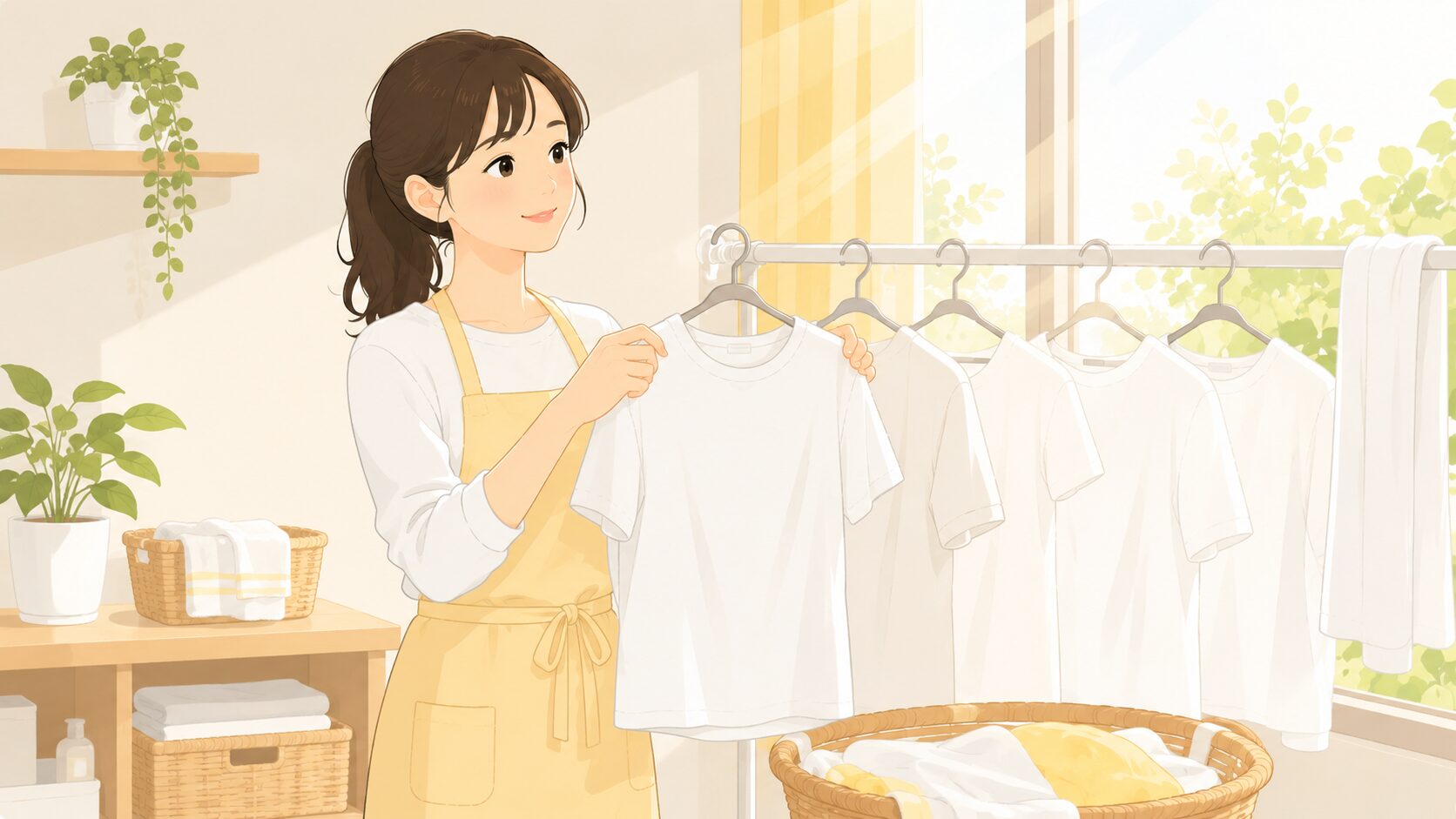 エプロン姿で部屋干しする女性のイラスト|毎日の予防習慣で放置事故ゼロへ