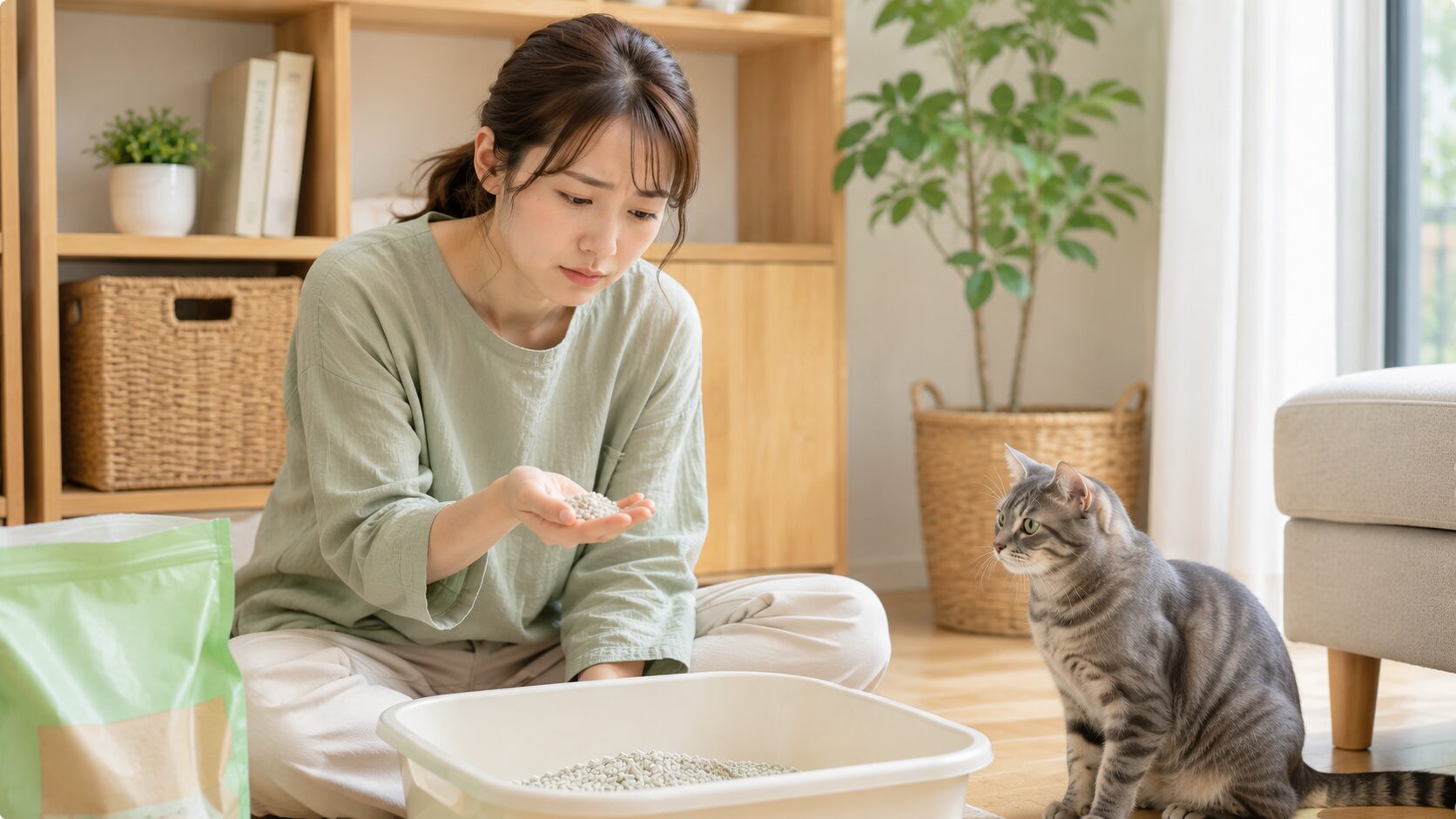 猫砂タイプ別の特徴と適性を診断するシーン|愛猫に合う猫砂の選び方