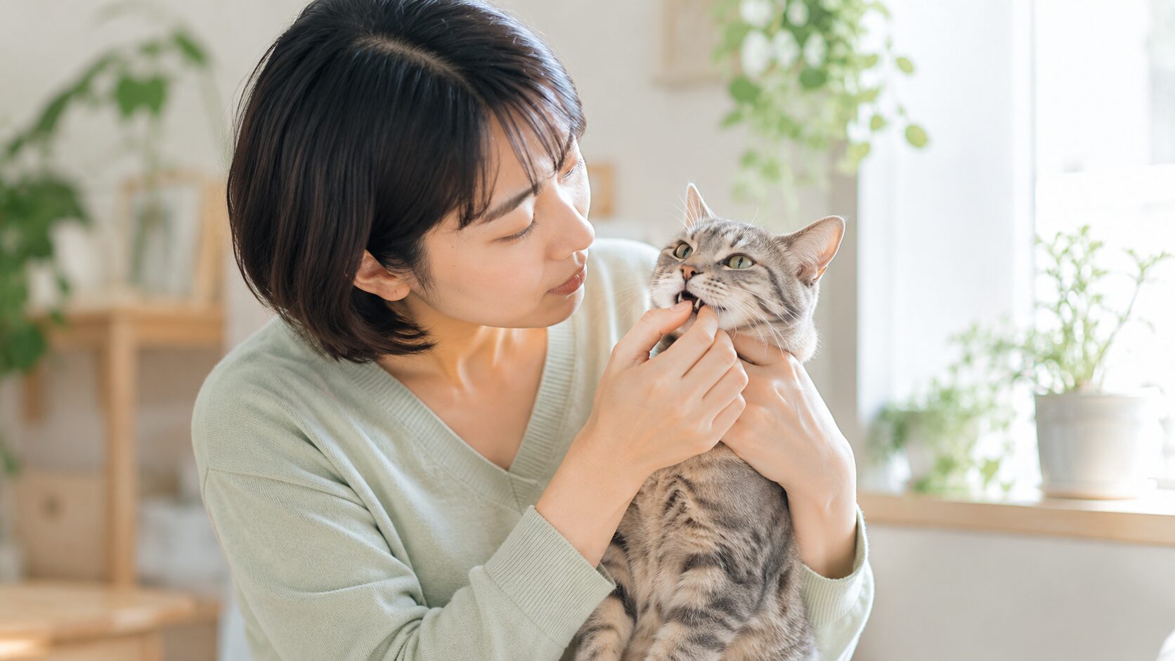 猫の口臭をセルフチェック｜飼い主が愛猫の口元を優しく確認するシーン