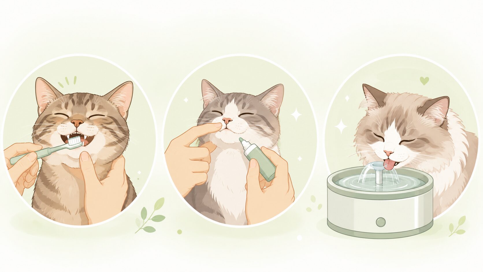 猫の口臭ケア3STEPイラスト｜歯磨き・デンタルジェル・給水器で毎日続ける方法