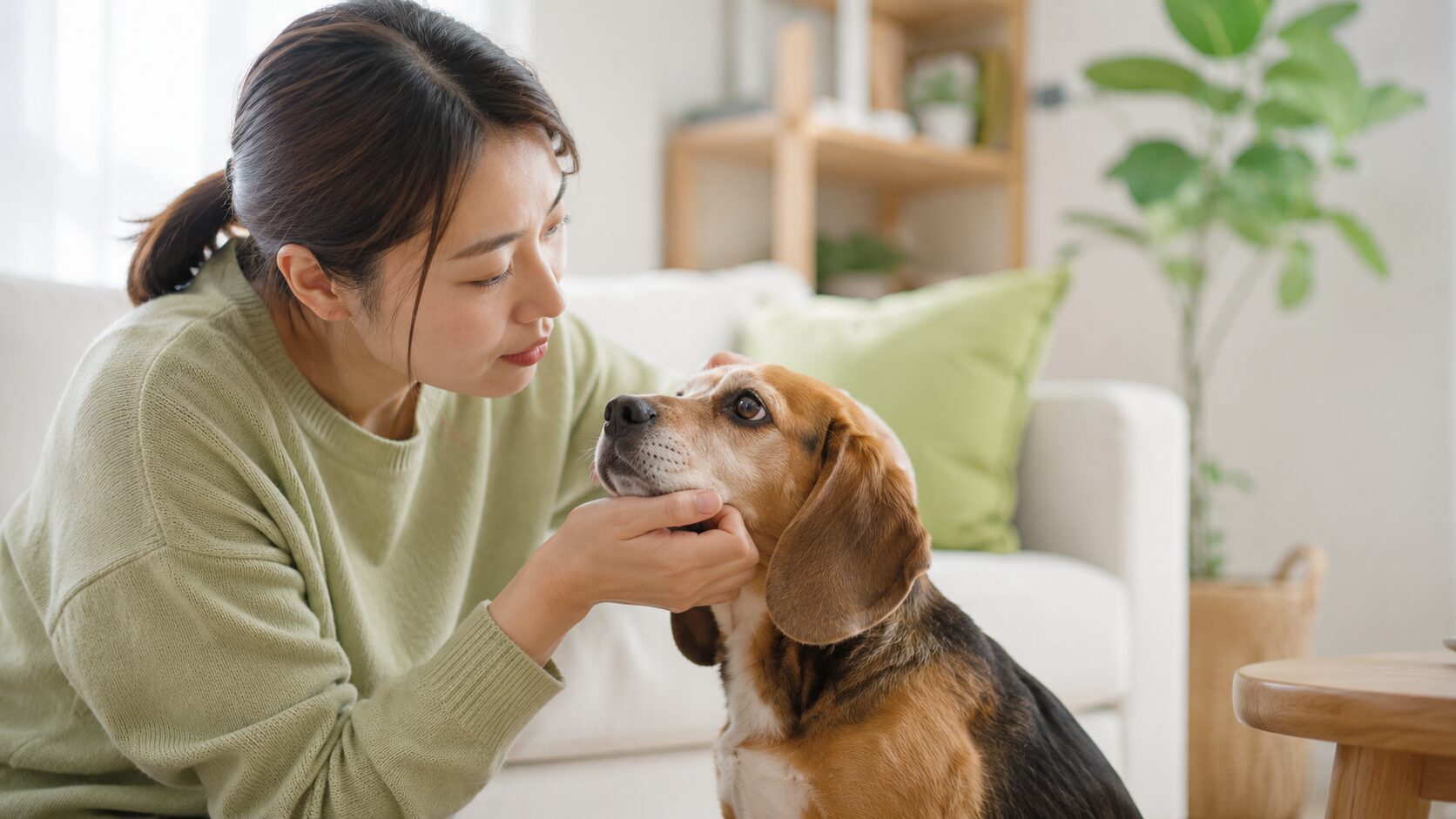 愛犬の体臭をやさしくチェックする飼い主|犬の体臭ケア
