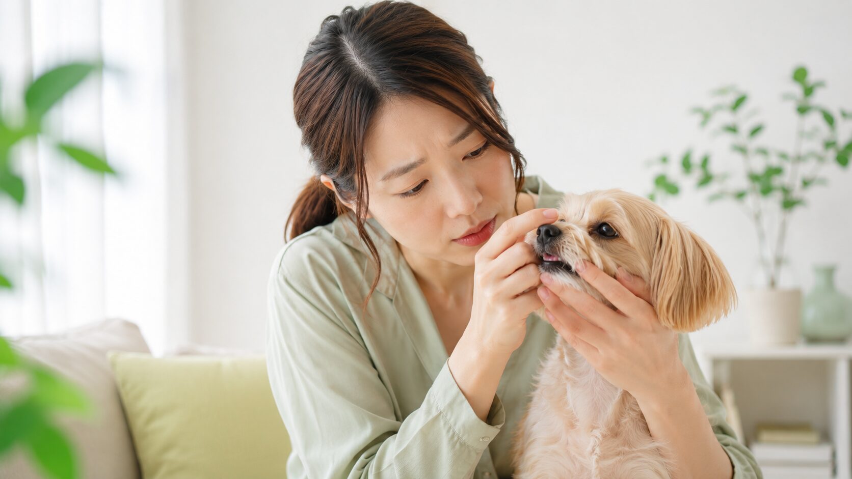 犬の口臭セルフチェック｜愛犬の口元をやさしく確認する飼い主の様子