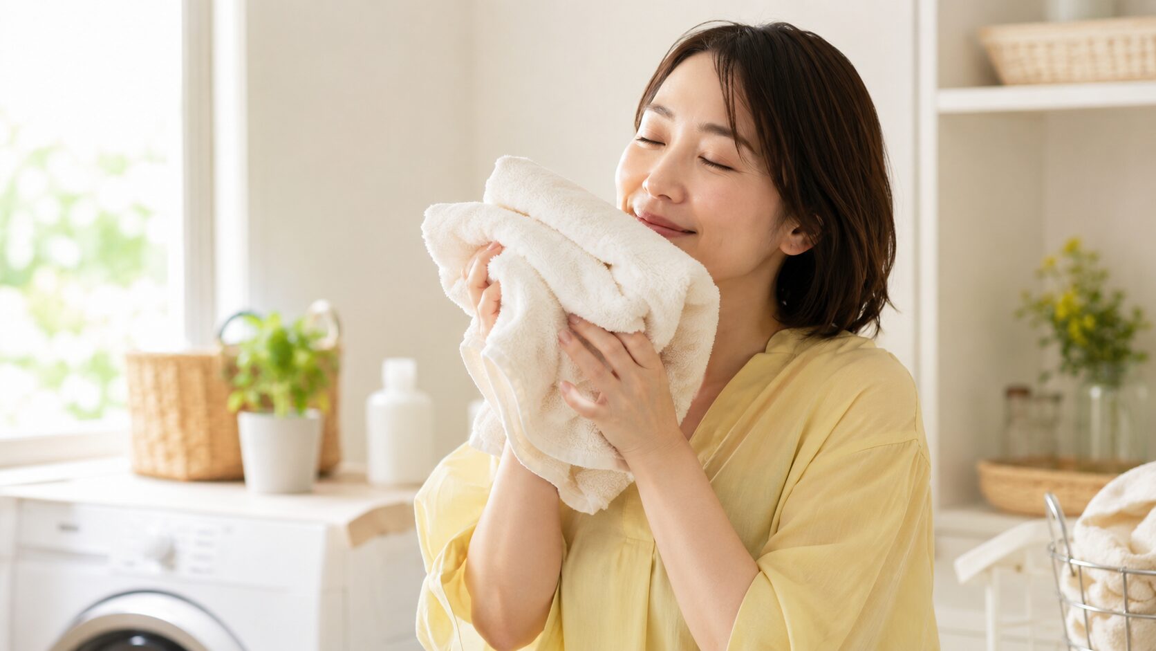 洗濯物の香りを楽しむ人｜柔軟剤でふんわり仕上がった衣類のイメージ