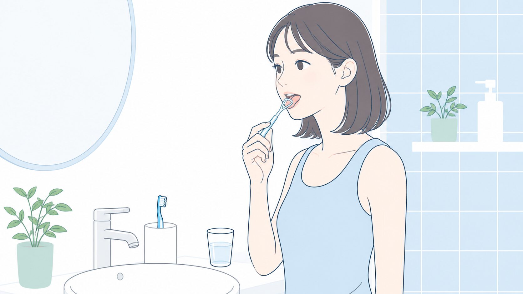 朝1回の3STEP舌ケア習慣｜歯ブラシで朝のオーラルケアを行うイラスト