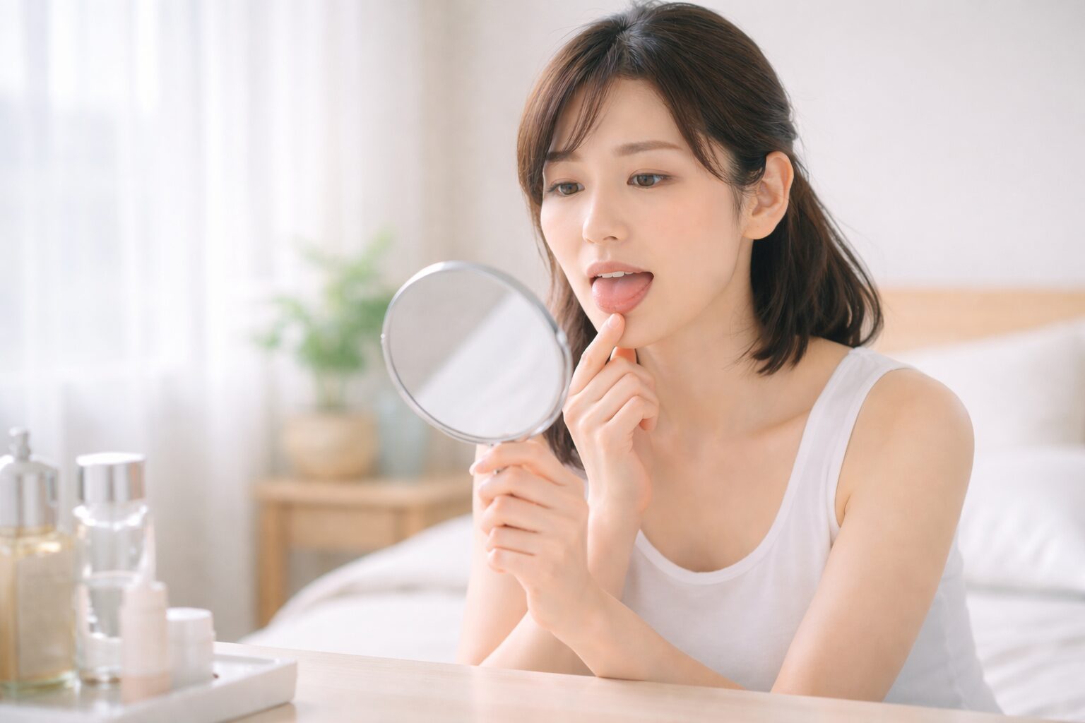 手鏡で舌の状態をセルフチェックする女性｜舌苔と口臭の関係をチェック