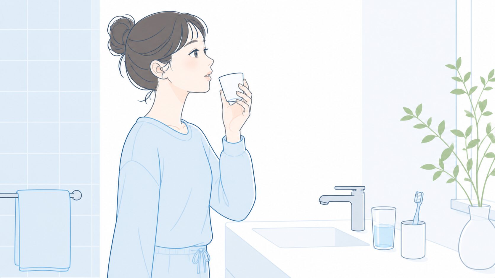 毎日のうがい習慣で臭い玉を予防する女性｜洗面所での予防ケアシーン