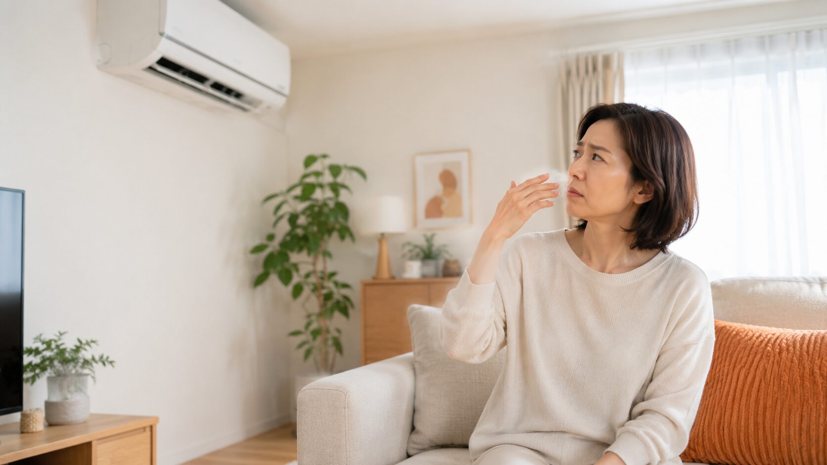 エアコンの臭いを感じて見上げる人物｜セルフチェックで原因タイプを特定する場面