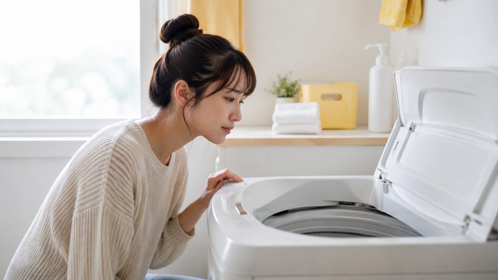 洗濯槽の臭いセルフ診断｜洗濯機の中を覗き込んで状態を確認する女性のイメージ