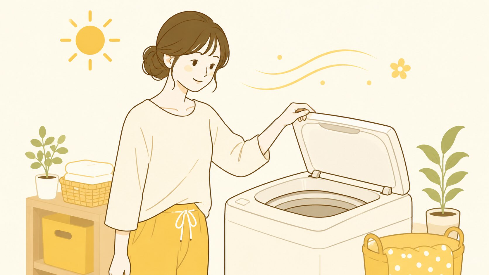 洗濯槽を臭わせない毎日の習慣｜使用後にフタを開けて湿気を逃がす換気イラスト