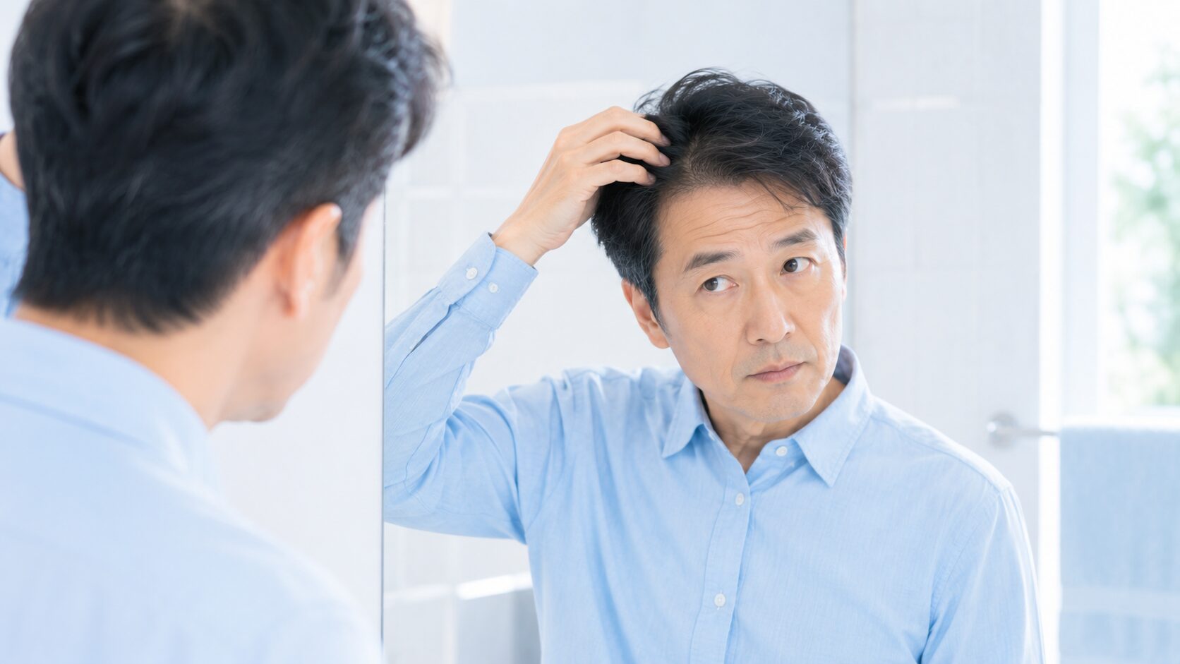 加齢臭の頭皮セルフチェック｜中年男性が鏡で髪の根本を確認するシーン（診断の導入カット）