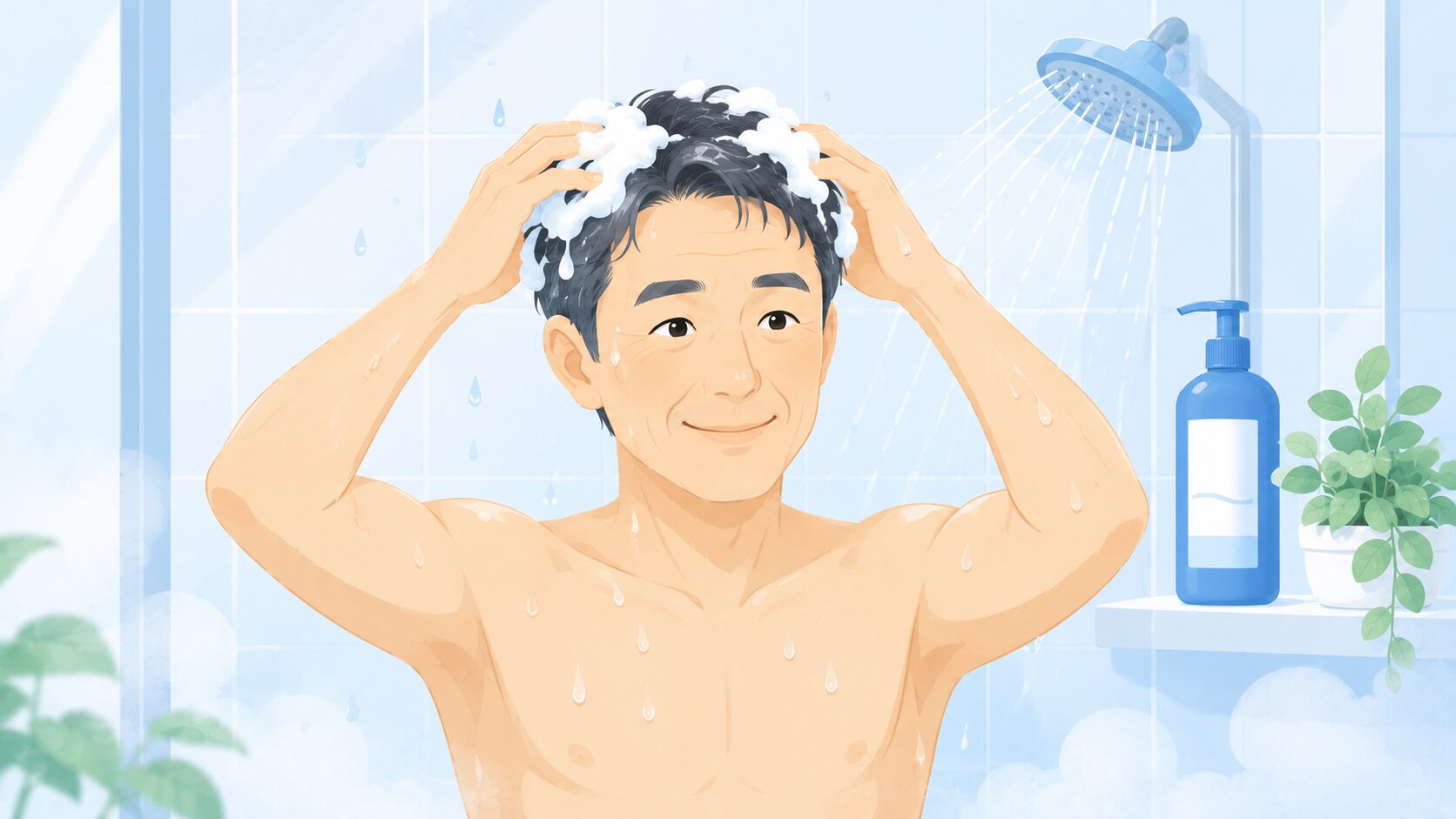 正しい頭皮ケアを実践する男性｜シャンプーで頭皮マッサージするフラットイラスト