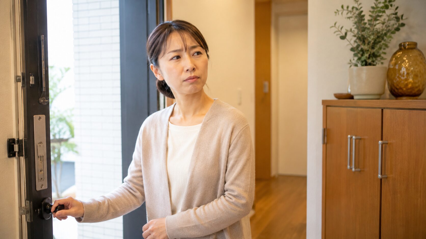 玄関で臭いに気づくシーン｜玄関ドアを開けた瞬間にこもり臭を感じる主婦の写真（診断の導入カット）