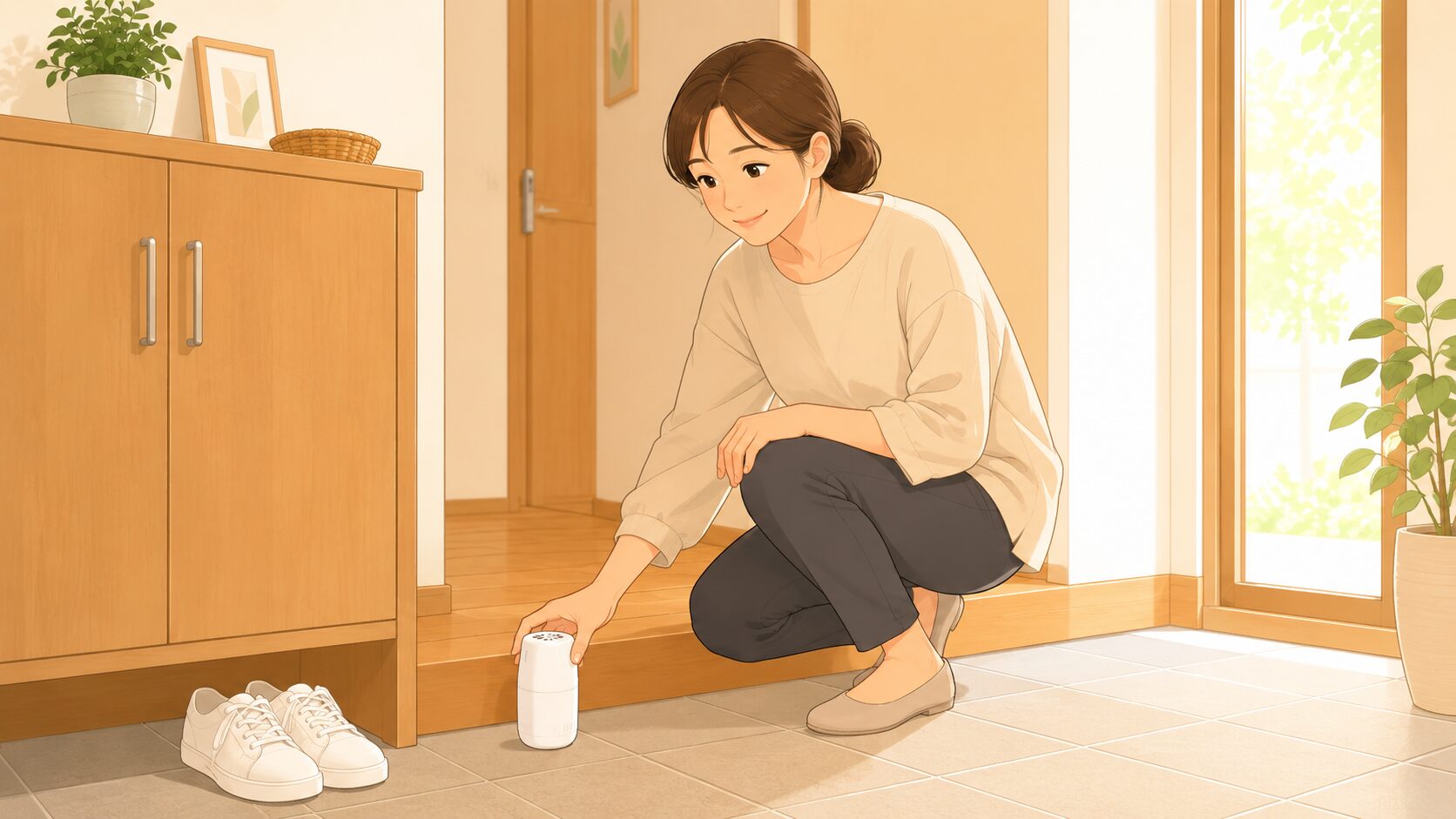 正しい玄関ケアを実践する主婦｜消臭剤を設置するフラットイラスト