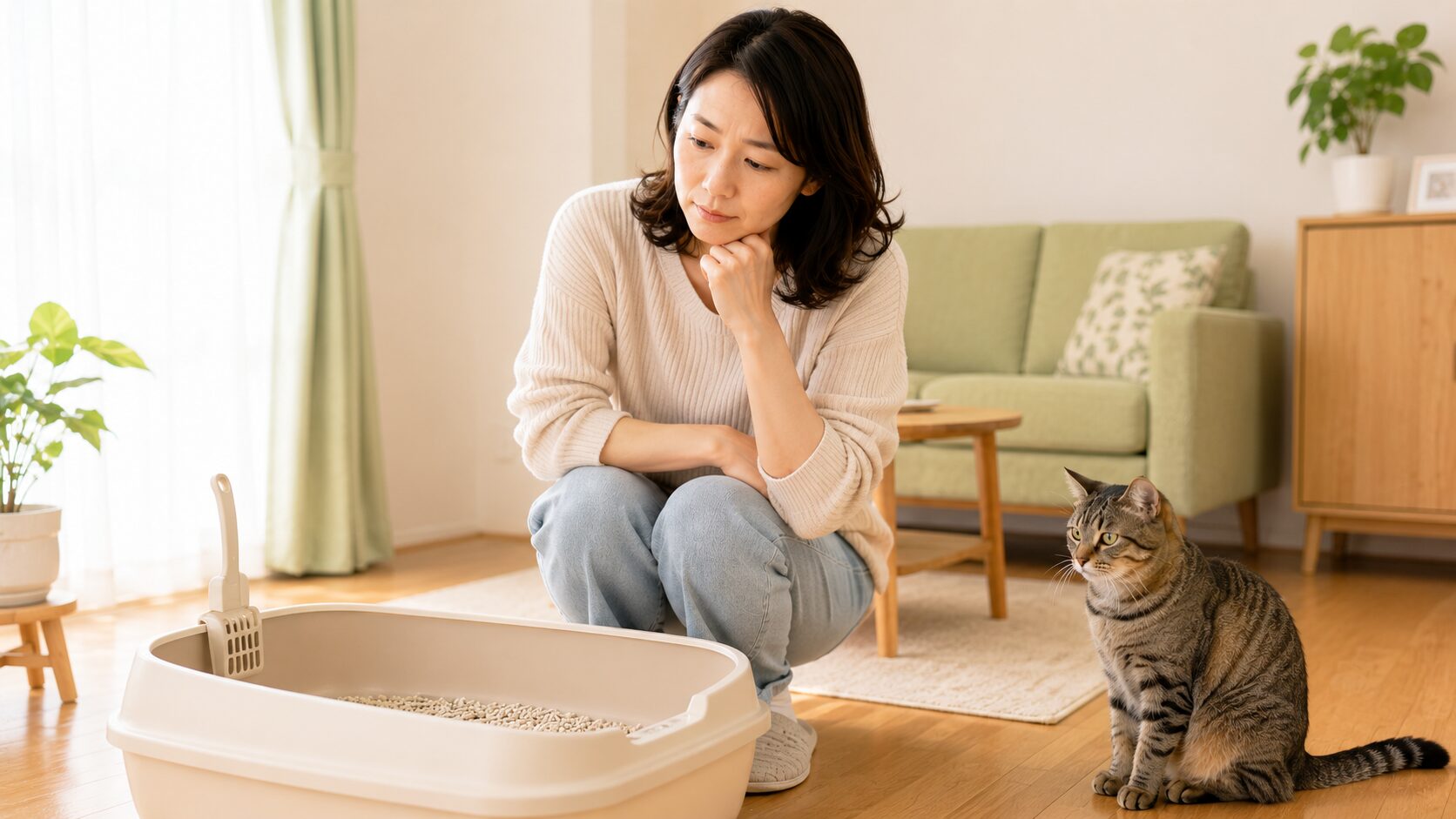 猫トイレの近くで臭いを確認する飼い主と猫の写真｜セルフチェックの導入カット