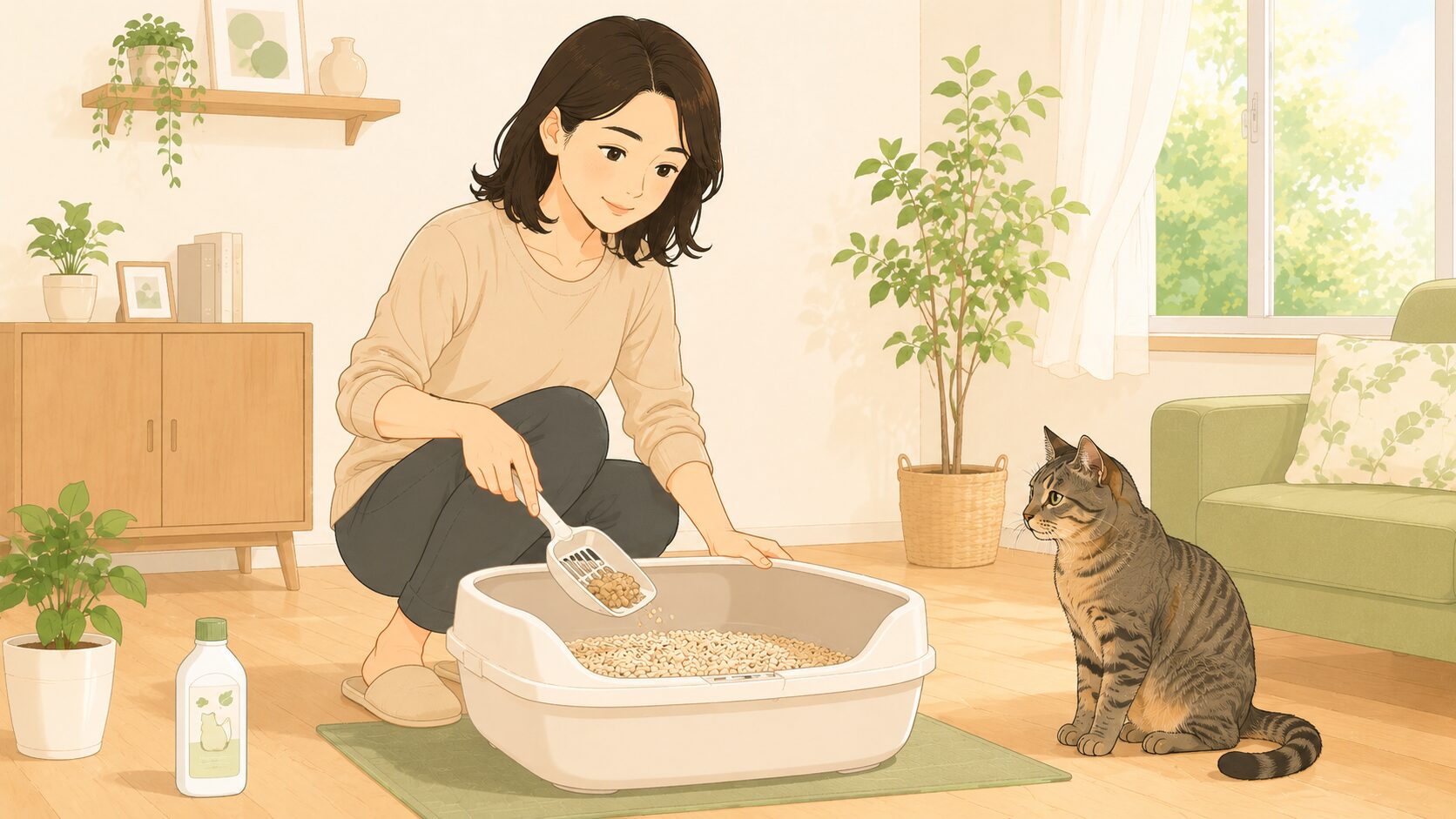 飼い主・猫・消臭剤・換気で清潔な空間を整えるフラットイラスト｜毎日のケアガイド