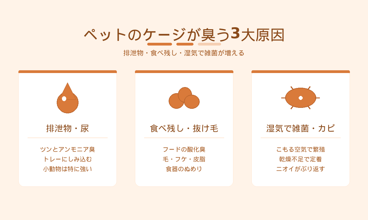 ペットのケージが臭う3大原因｜排泄物の尿・食べ残しと抜け毛・湿気の雑菌がニオイを作る