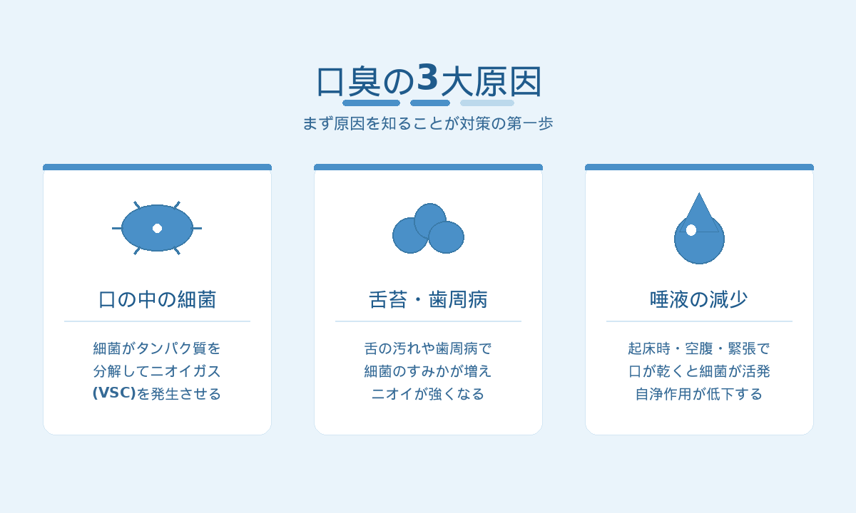 口臭の3大原因｜口の中の細菌・舌苔や歯周病・唾液の減少が口臭ガスを発生させる仕組み