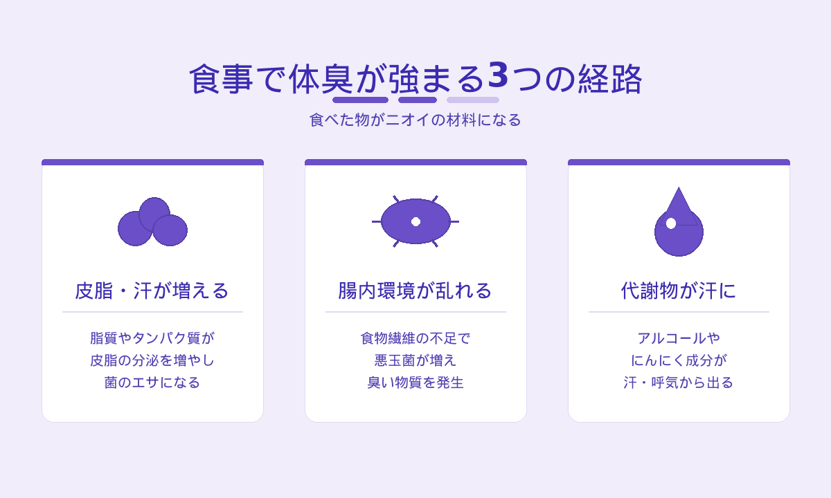 食事で体臭が強まる仕組み｜皮脂・汗の増加・腸内環境の乱れ・代謝物が汗に