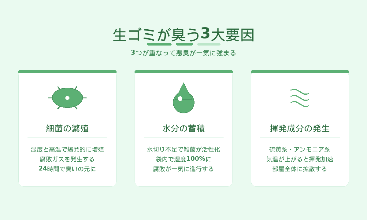 生ゴミ臭の3大要因|細菌の繁殖・水分の蓄積・揮発成分の発生が重なって悪臭が増幅