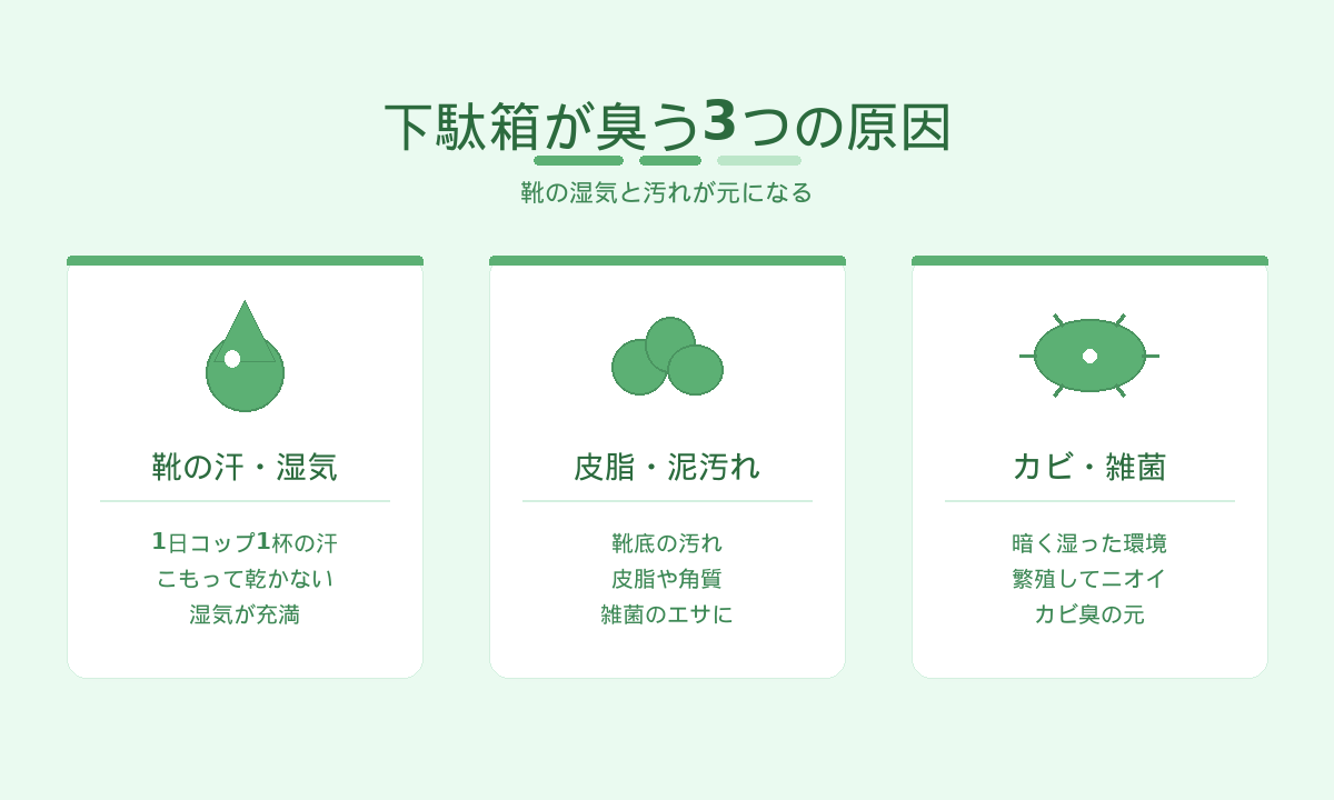 下駄箱が臭う3つの原因｜靴の汗と湿気・皮脂や泥汚れ・カビと雑菌