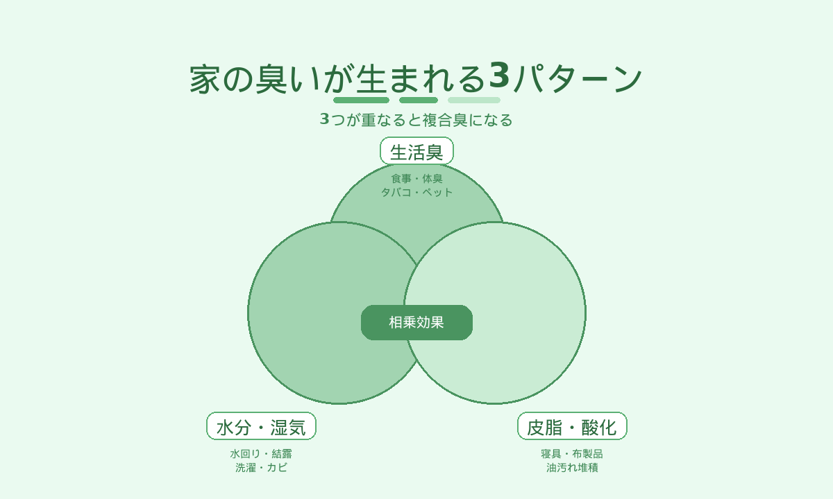 家の嫌な臭いが生まれる3パターン｜生活臭と水分湿気と皮脂酸化が重なる仕組み