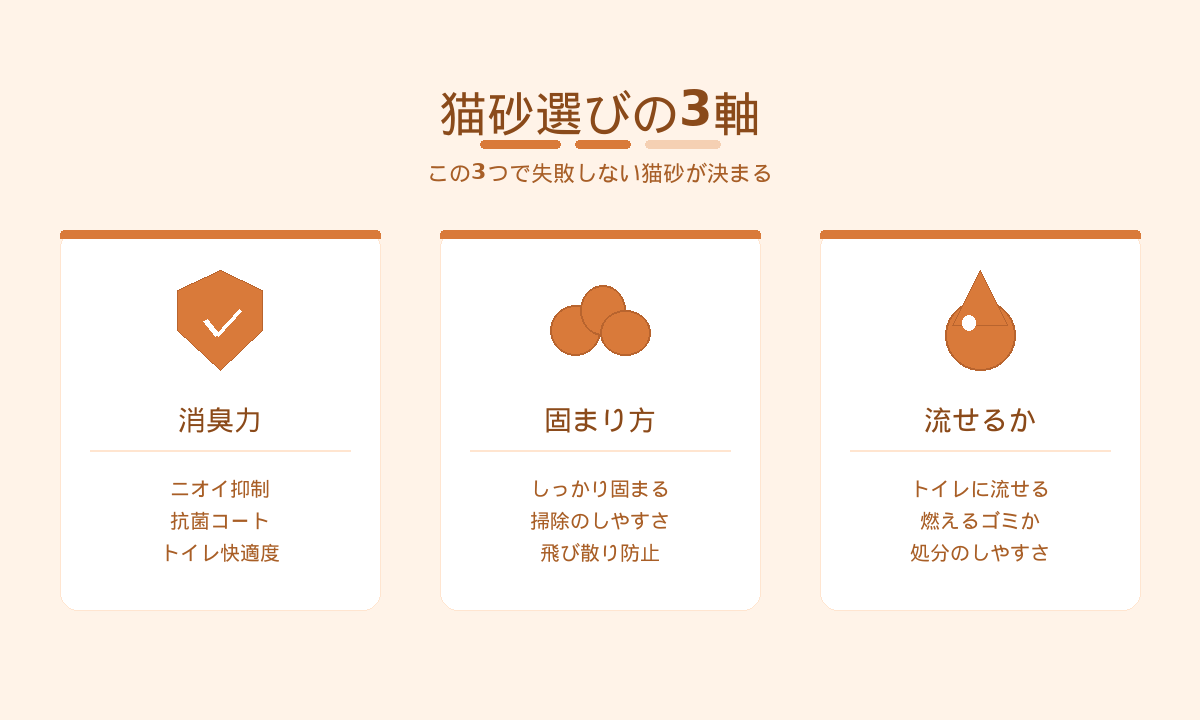猫砂選びの3軸|消臭力・固まり方・流せるかで5タイプから選ぶポイント