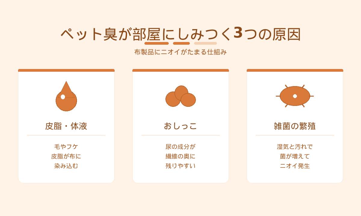 部屋にしみついたペット臭の3つの原因｜皮脂・体液・おしっこ・雑菌が布製品にたまる仕組み