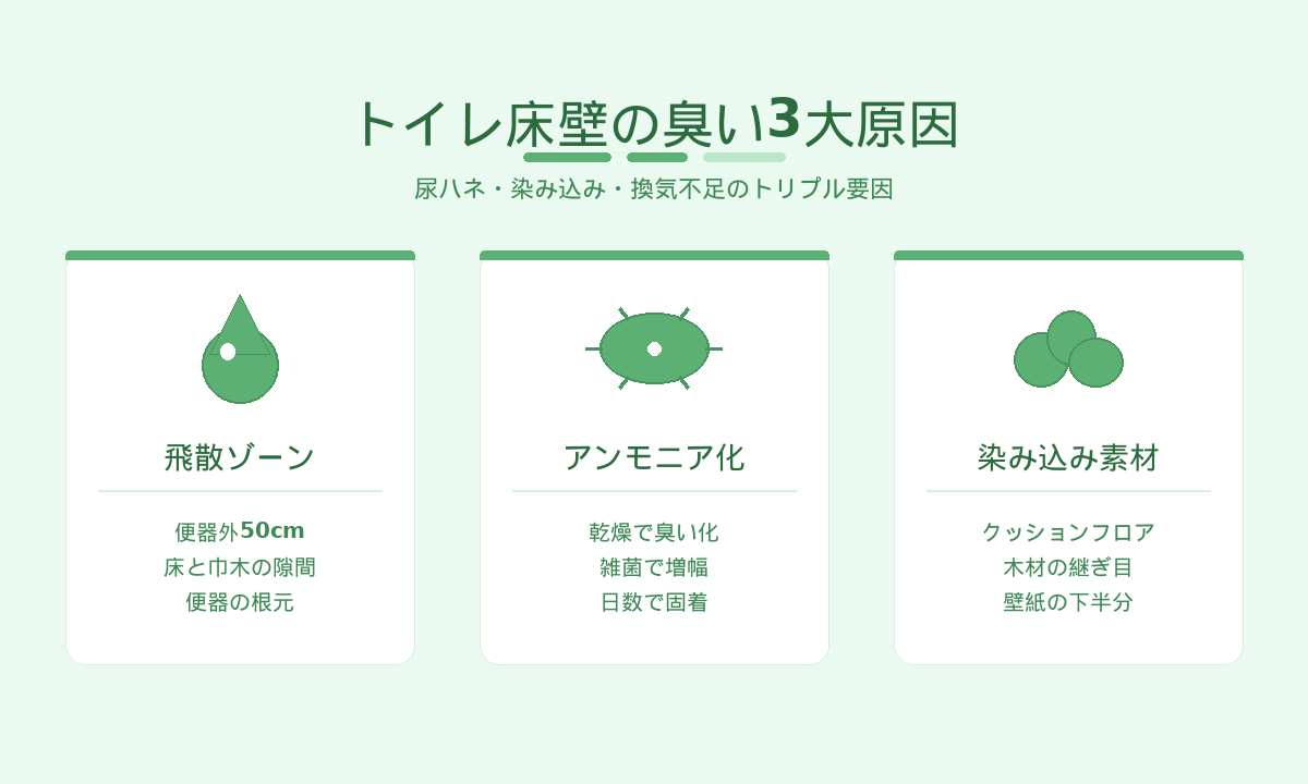 トイレ床壁の臭い3大原因｜尿ハネ・染み込み・換気不足のトリプル要因