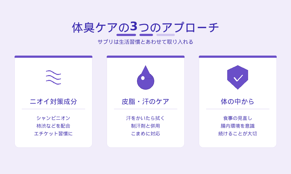 体臭ケアの3つのアプローチ｜ニオイ対策成分・皮脂と汗のケア・体の中からの習慣