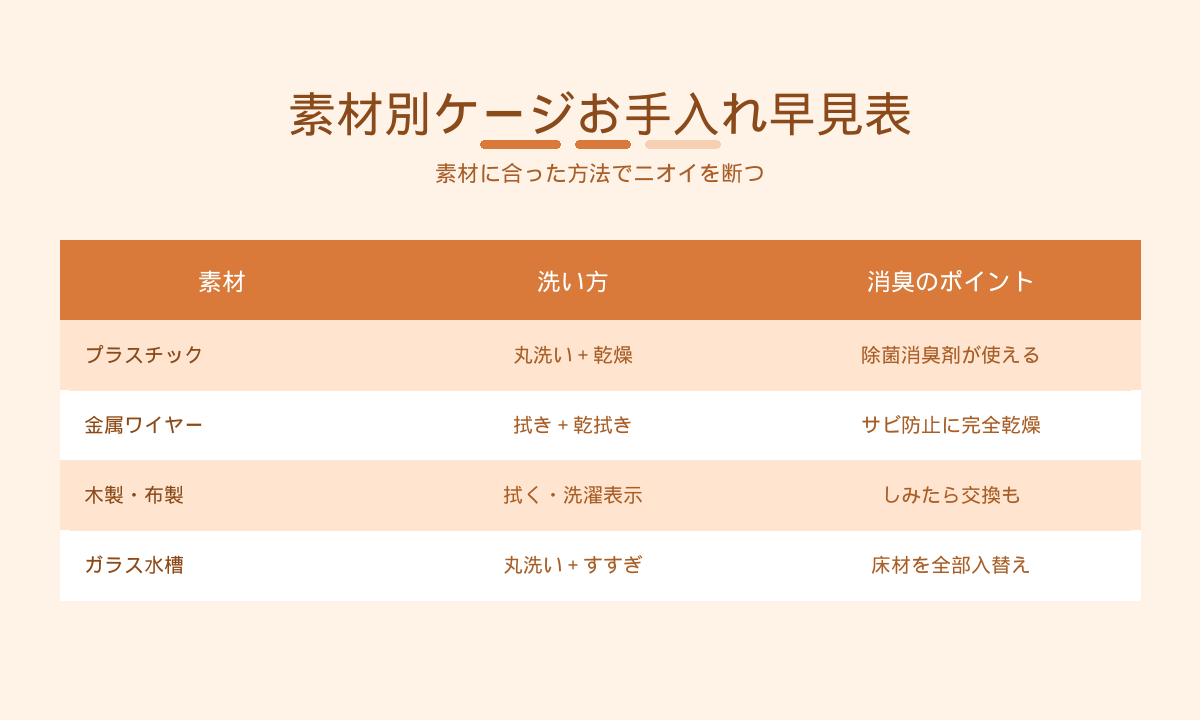 ペットケージの素材別お手入れ早見表｜プラスチック・金属・木製布・ガラス水槽の洗い方と消臭ポイント