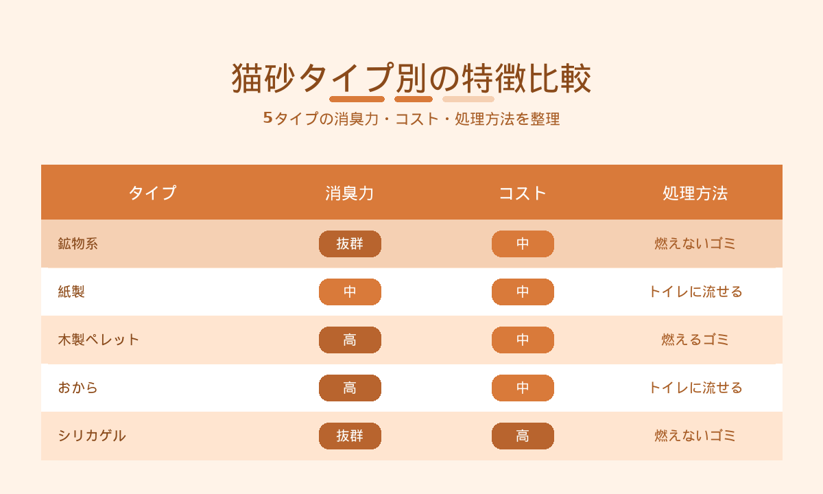 猫砂タイプ別の特徴比較｜鉱物系・紙製・木製ペレット・おから・シリカゲルの消臭力とコスト比較