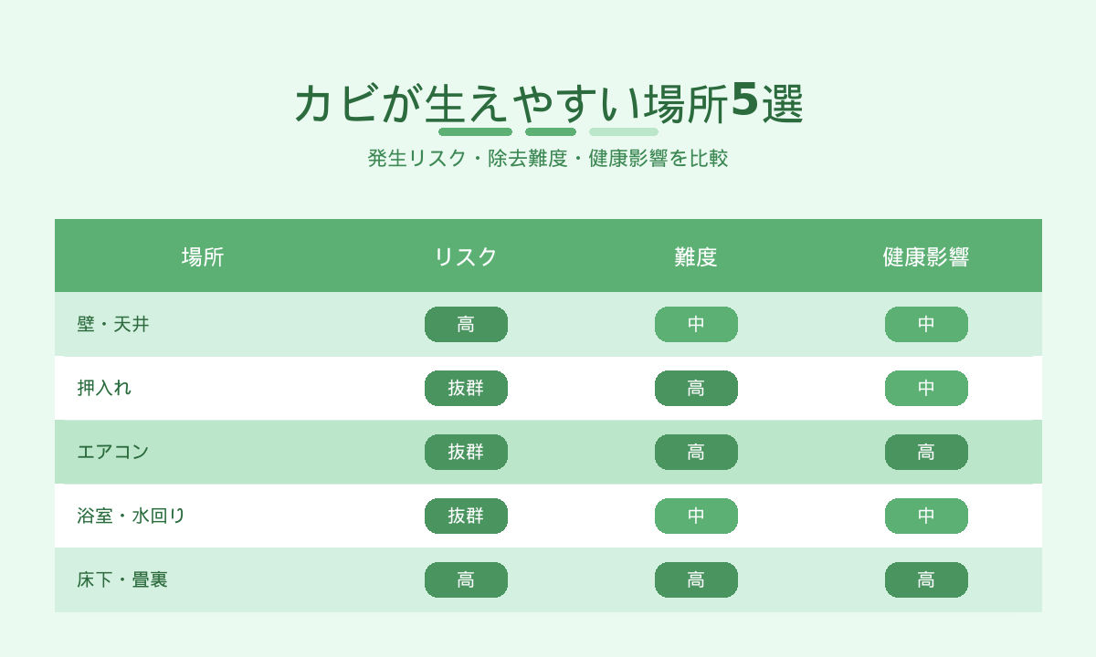 カビが生えやすい場所5選｜壁・押入れ・エアコン・浴室・床下のリスク・難度・健康影響を比較