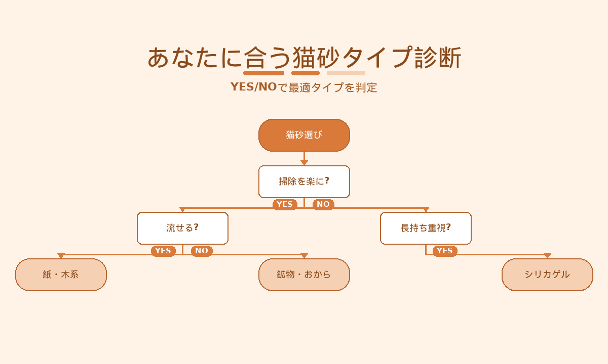 猫砂タイプ診断チャート|YES/NOで進める鉱物・紙・木・おから・シリカの判定フロー