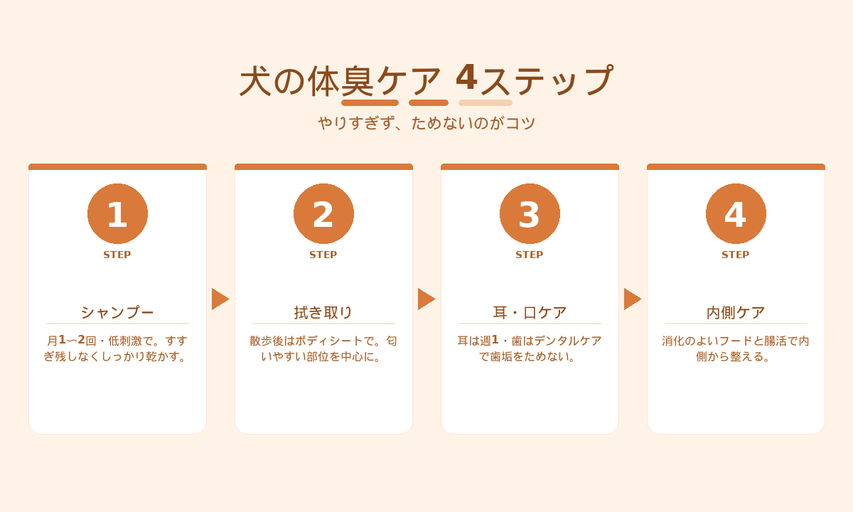 犬の体臭ケア4ステップ|シャンプー・拭き取り・耳口ケア・内側ケア