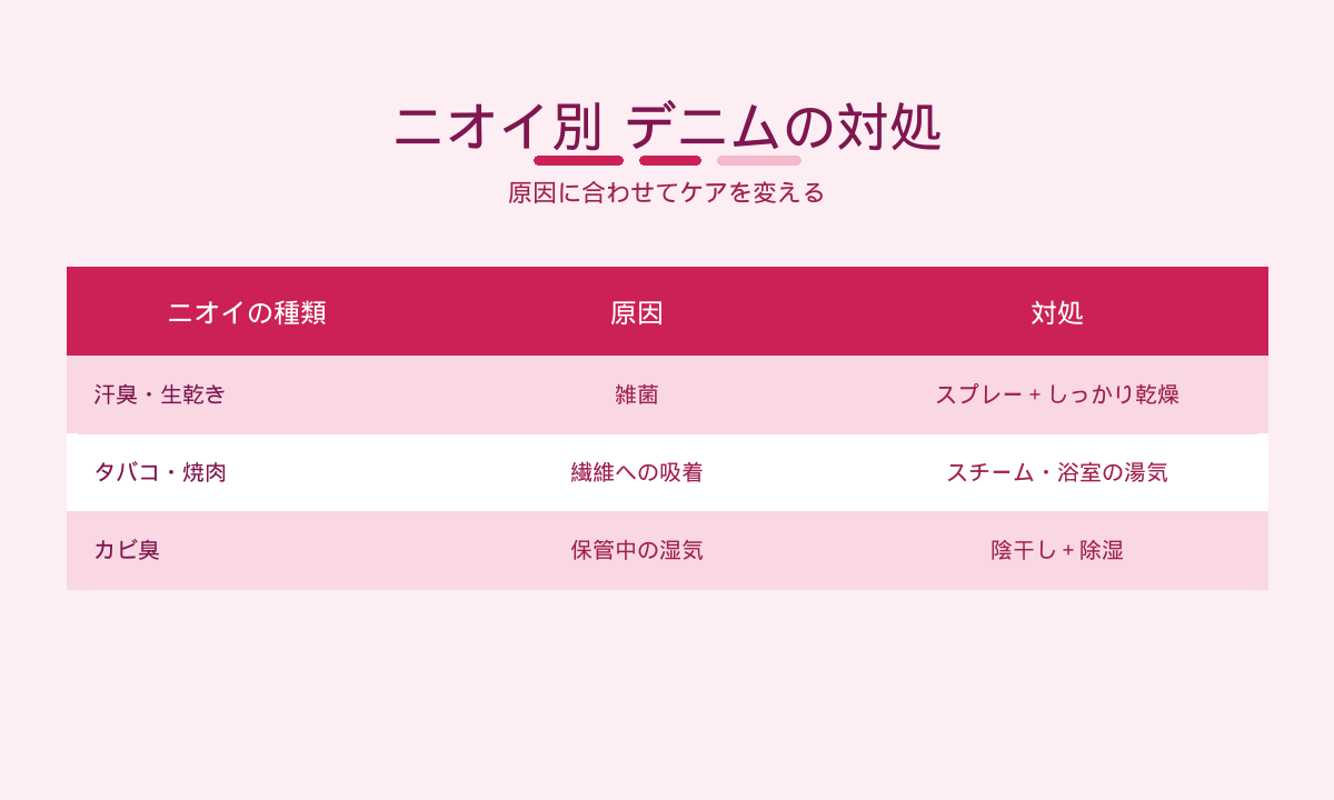 ニオイ別 デニムの対処早見表｜汗臭生乾き・タバコ焼肉・カビ臭の原因と対処