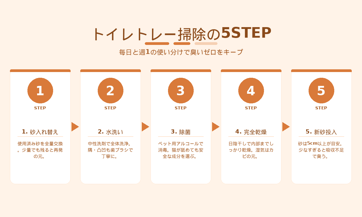 トイレトレー掃除の5STEP｜砂入替・水洗い・除菌・乾燥・新砂投入の正しい順序