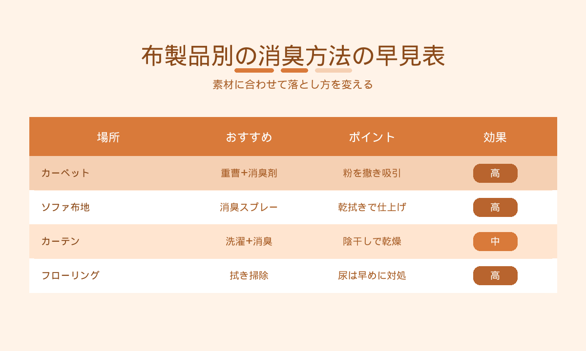 布製品別のペット臭消臭方法早見表｜カーペット・ソファ・カーテン・フローリングの落とし方