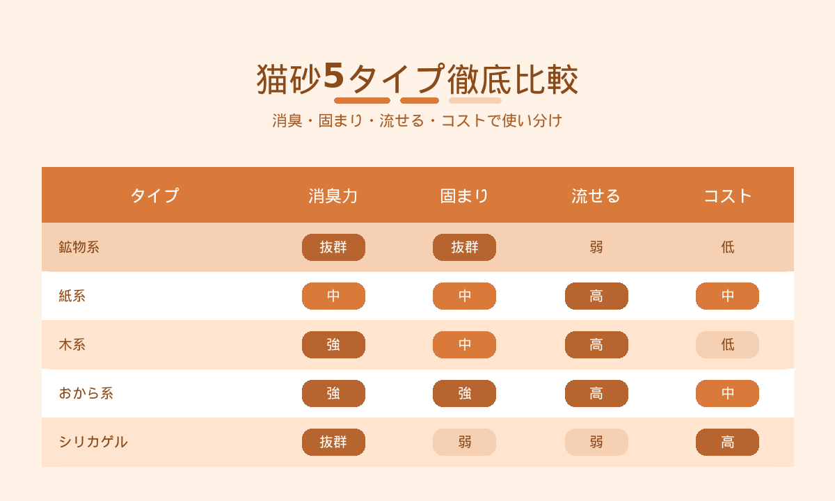 猫砂5タイプ比較表|鉱物・紙・木・おから・シリカの消臭力と特徴を一覧化