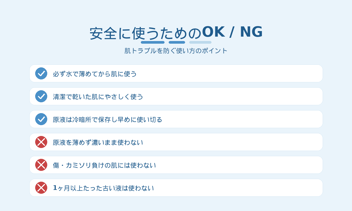 ミョウバン水を安全に使うOK/NG｜薄めて使う・清潔な肌・古い液は使わない注意点