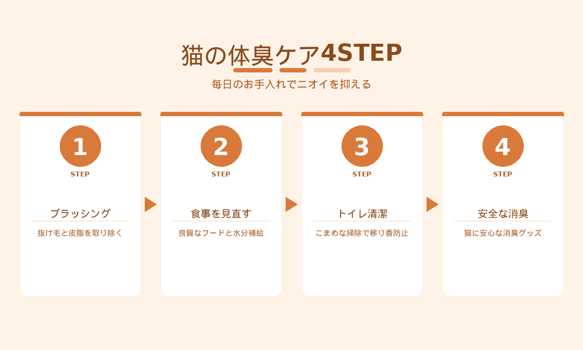 猫の体臭ケア4STEP｜ブラッシング・食事・トイレ清潔・安全な消臭