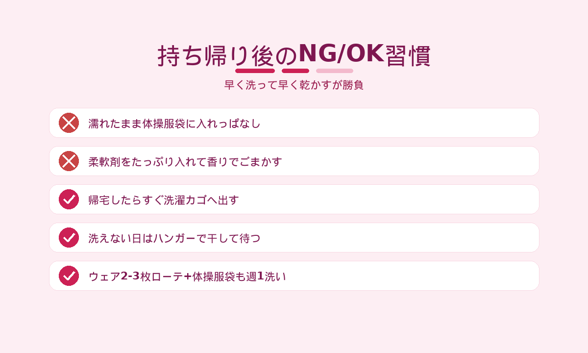 体操服の持ち帰り後のNG・OK習慣｜即洗い・干して待つ・ローテーション
