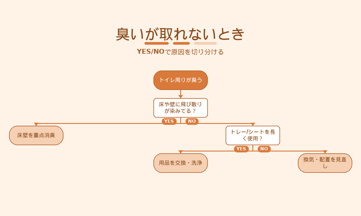 犬のトイレ臭が取れないときの原因切り分けチャート｜床壁・用品・換気