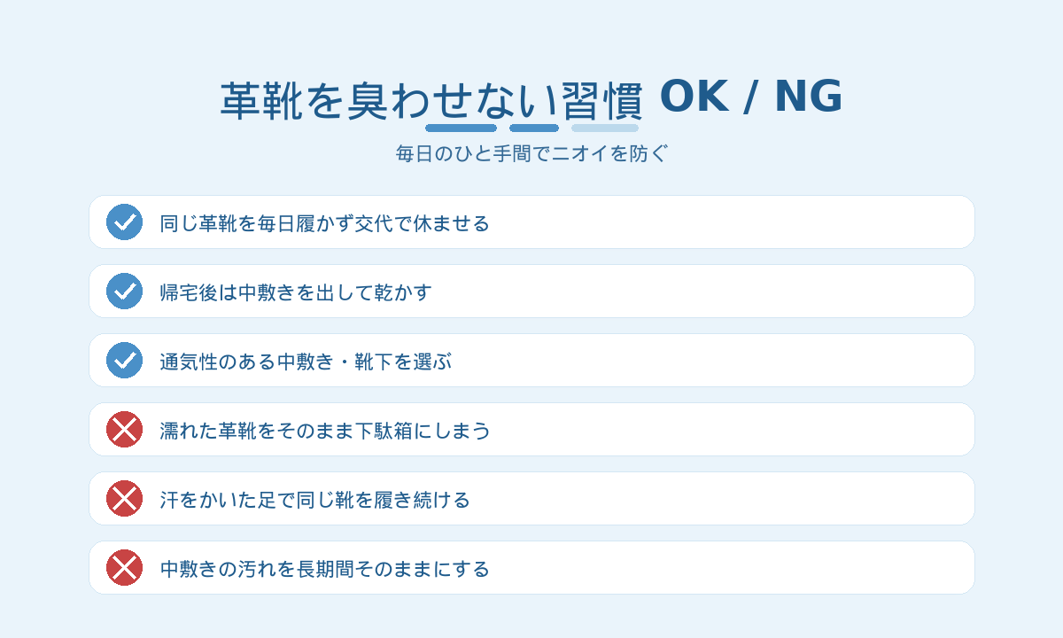 革靴を臭わせない習慣OK/NG｜交代で履く・中敷きを乾かす・通気性のある靴下を選ぶ