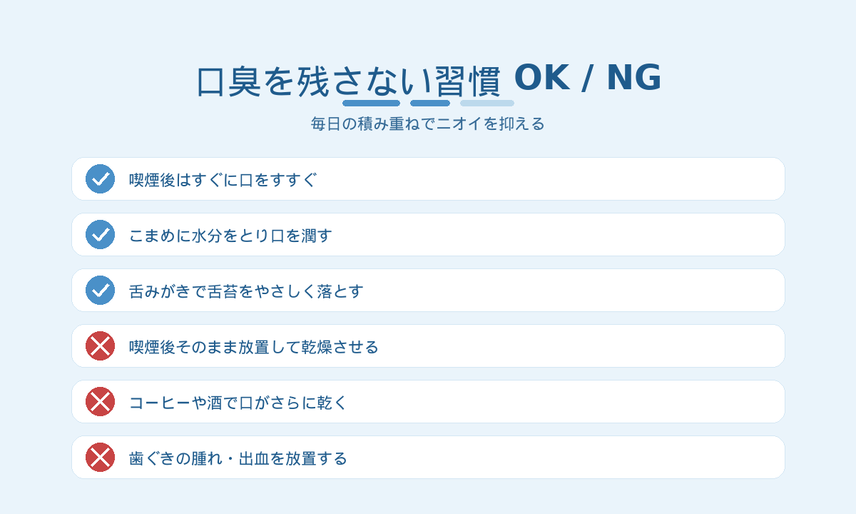 タバコの口臭を残さない習慣OK/NG｜口を乾かさない・舌ケア・歯ぐきケアのポイント
