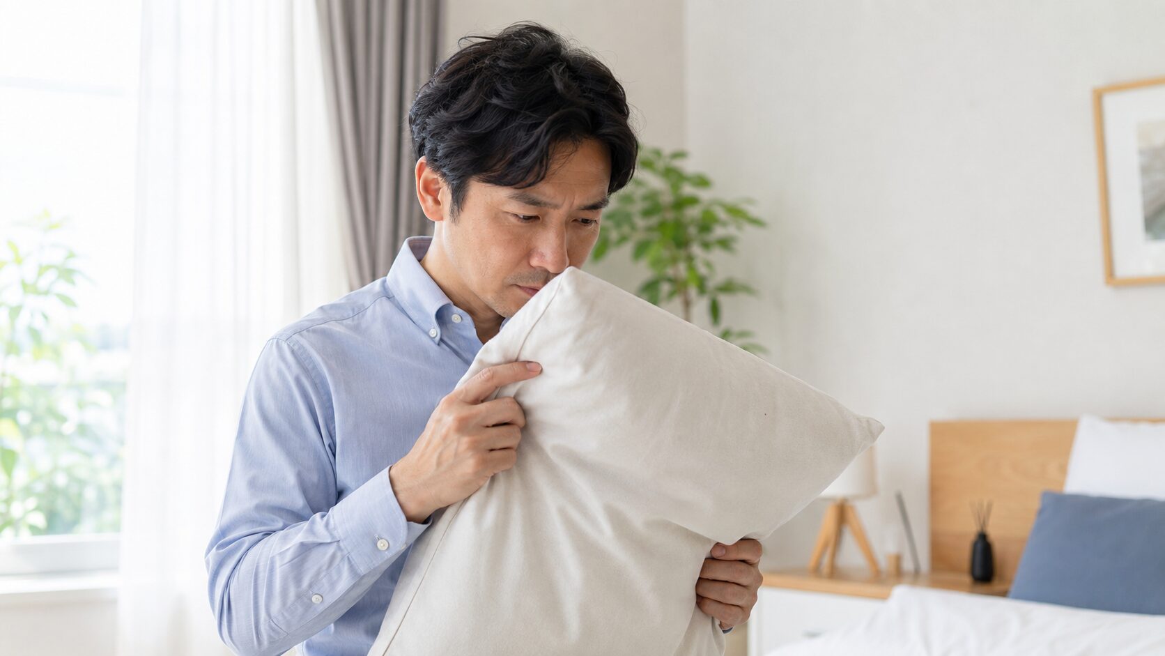 枕カバーの臭いを確かめる40代男性｜ミドル脂臭のセルフチェック
