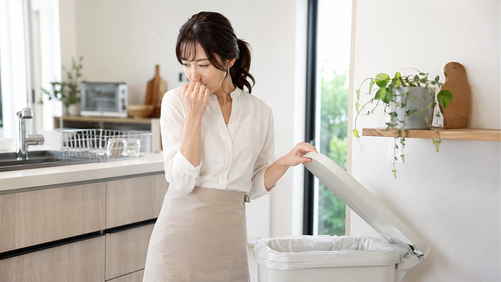 ゴミ箱のフタを開けて臭いに気づく女性｜キッチンのゴミ箱の臭い悩み