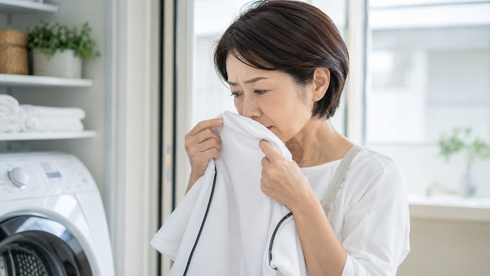 洗濯したての体操服の臭いを確かめる母親｜部活ユニフォームの臭い残りチェック